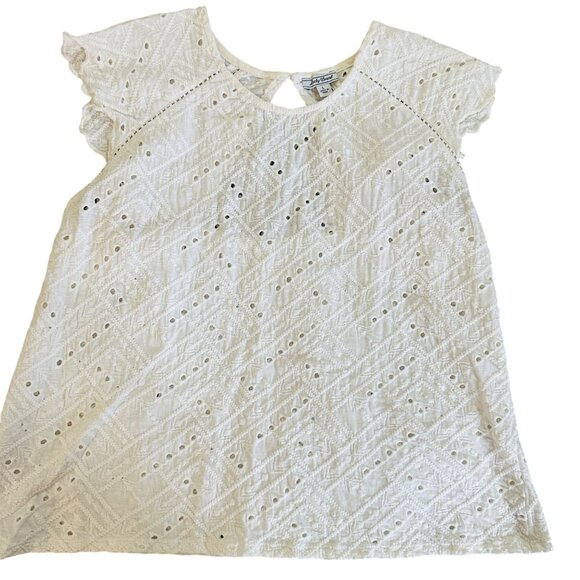 Lucky Brand Womens Eyelet Lace Top With Keyhole Back & Flutter Sleeves White Siz - Picture 1 of 8
